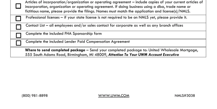 uwm broker Articles of, Contact List  all employees andor, Complete the included FHA, Complete the included Lender Paid, Where to send completed package, WWWUWMCOM, and NMLS fields to fill