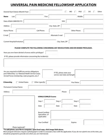 Universal Pain Fellowship Application Form Preview