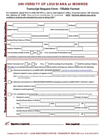 University Louisiana Transcript Form Preview