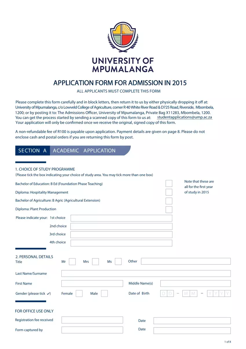 University Of Mpumalanga Online Application first page preview
