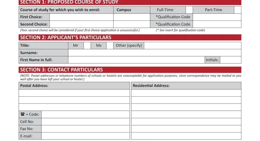 university of namibia 2021 application SECTION  PROPOSED COURSE OF STUDY, Course of study for which you wish, Campus, First Choice, Second Choice Your second choice, Title, Surname, First Name in full, Other specify, PartTime, FullTime Qualiﬁ cacid on Code, Inicid als, SECTION   CONTACT PARTICULARS NOTE, Postal Address, and Residencid al Address blanks to fill out