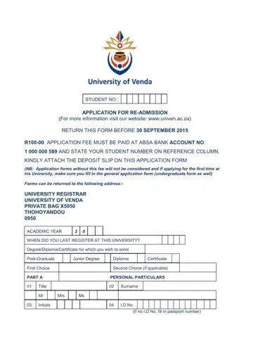 University Of Venda Registration Form Preview