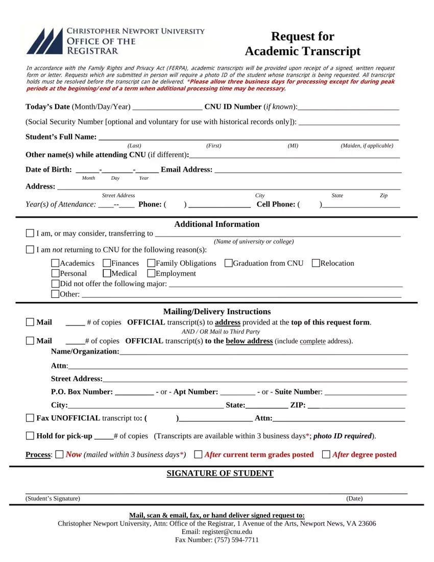University Transcript Request Form first page preview
