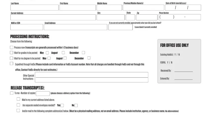 unl transcript form fields to fill in