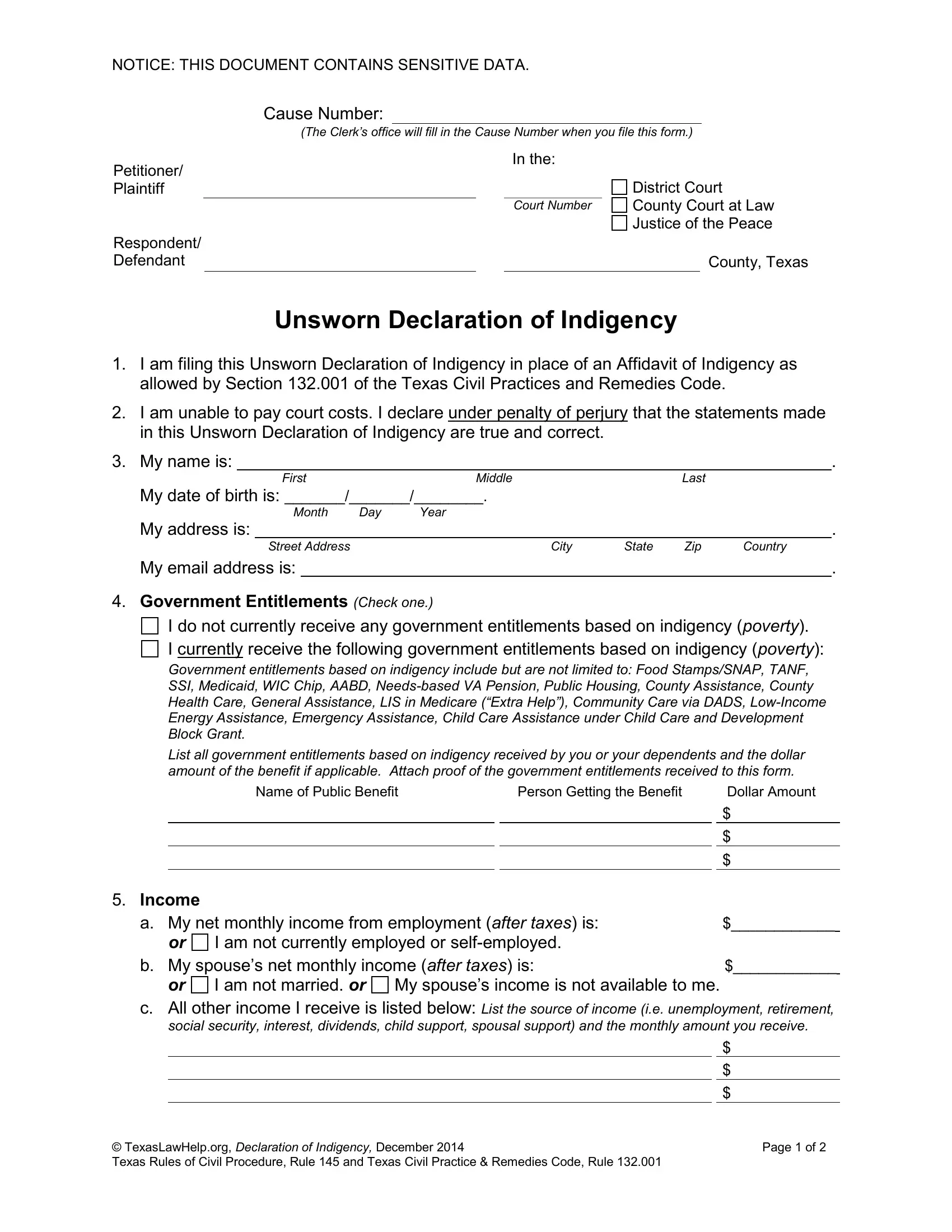 Unsworn Declaration Indigency PDF Form FormsPal