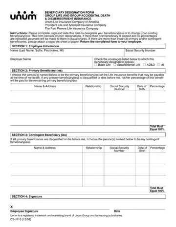 Unum Beneficiary Designation Form Preview