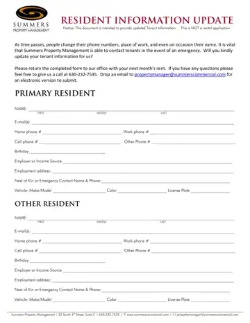 Update Resident Information Form Preview