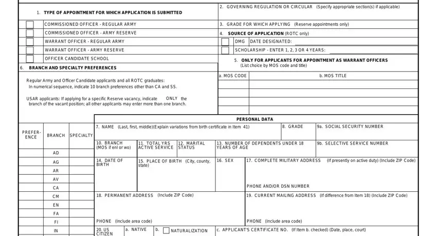 entering details in us army form stage 1