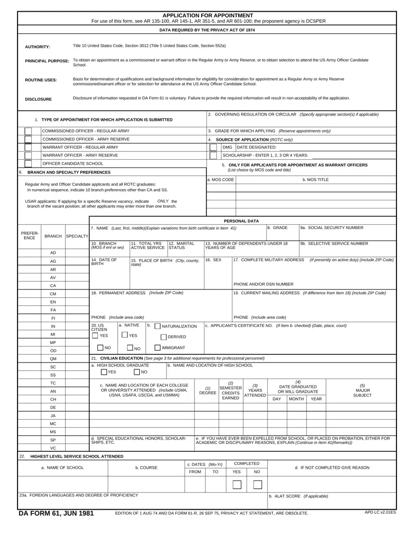 Us Army Application Form first page preview