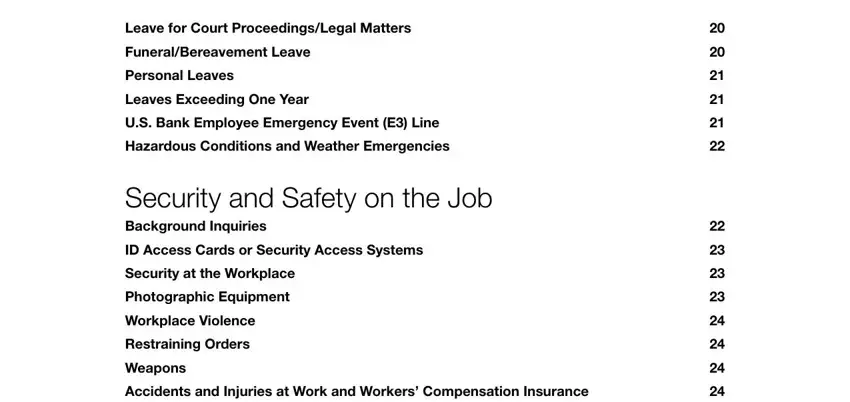 colonial bank employee handbook Leave for Court ProceedingsLegal, FuneralBereavement Leave, Personal Leaves, Leaves Exceeding One Year, US Bank Employee Emergency Event E, Hazardous Conditions and Weather, Security and Safety on the Job, ID Access Cards or Security Access, Security at the Workplace, Photographic Equipment, Workplace Violence, Restraining Orders, Weapons, and Accidents and Injuries at Work and blanks to complete