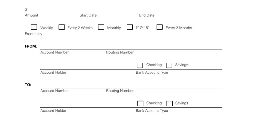 usaa direct deposit authorization Amount, Start Date, End Date, Weekly, Every  Weeks, Monthly, st  th, Every  Months, Frequency, FROM, Account Number, Routing Number, Account Holder, Bank Account Type, and Checking fields to fill