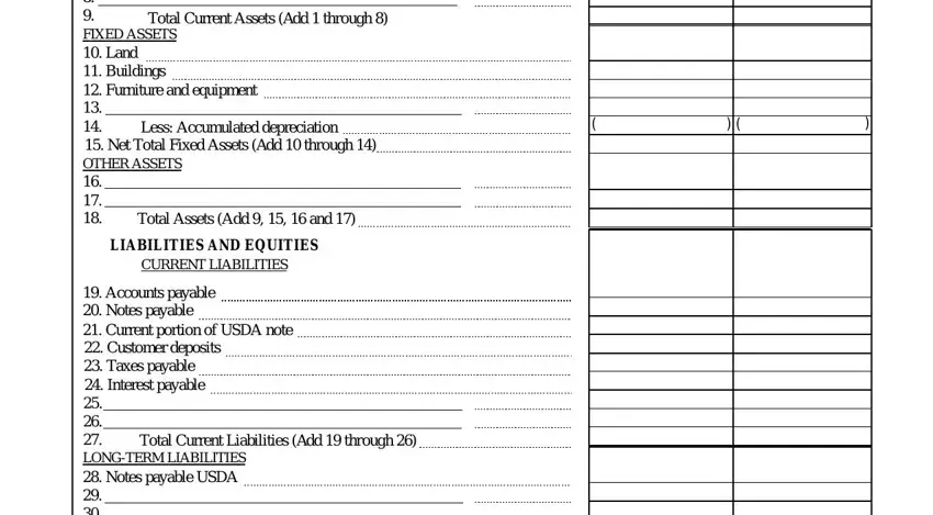 usda rd 442 3 Total Current Assets Add  through, CURRENT ASSETS  Cash on hand in, Total Assets Add    and, Less Accumulated depreciation, LIABILITIES AND EQUITIES CURRENT, Total Current Liabilities Add, and Accounts payable  Notes payable blanks to complete