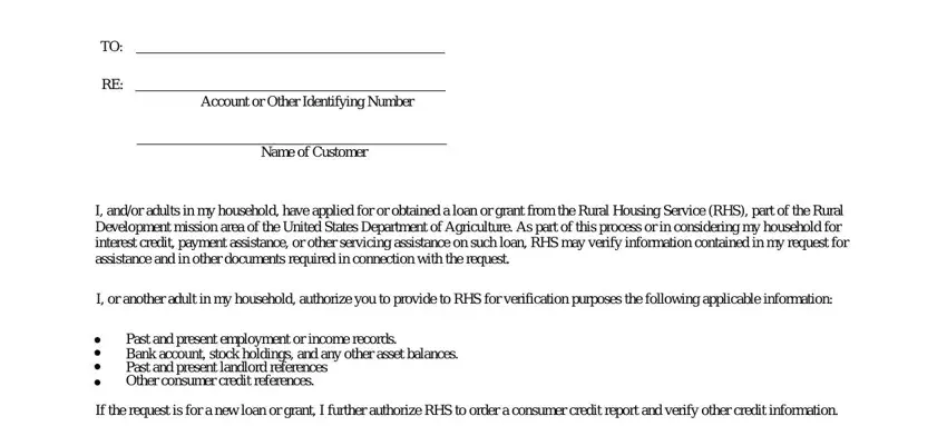 RBS AUTHORIZATION TO RELEASE, Account or Other Identifying Number, Name of Customer, I andor adults in my household, I or another adult in my household, Past and present employment or, and If the request is for a new loan blanks to complete