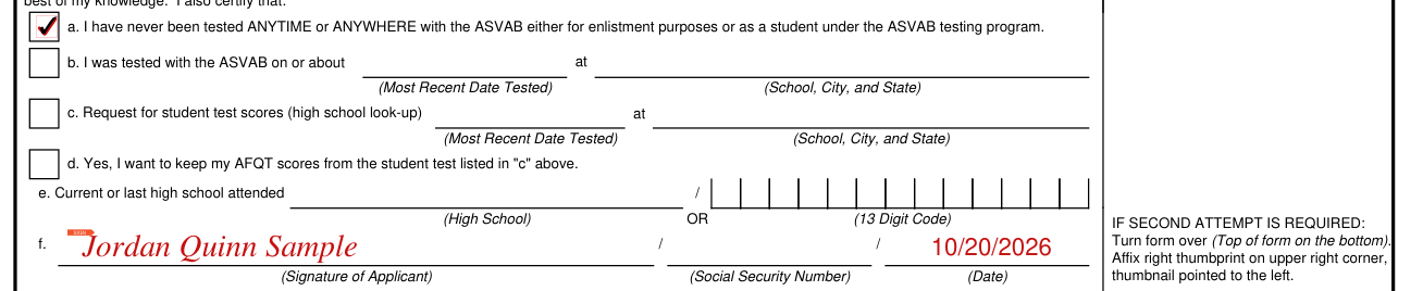 USMEPCOM Form 680-3A-E example filled out, applicant certification in presence of recruiting personnel