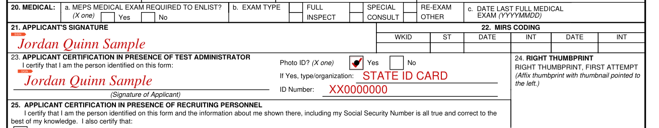 USMEPCOM Form 680-3A-E example filled out, applicant's signature and applicant certification in presence of test administrator