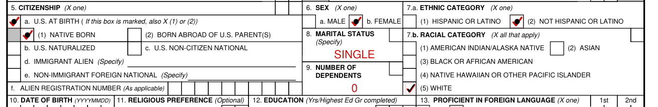 USMEPCOM Form 680-3A-E example filled out, citizenship, sex, ethnic category and racial category