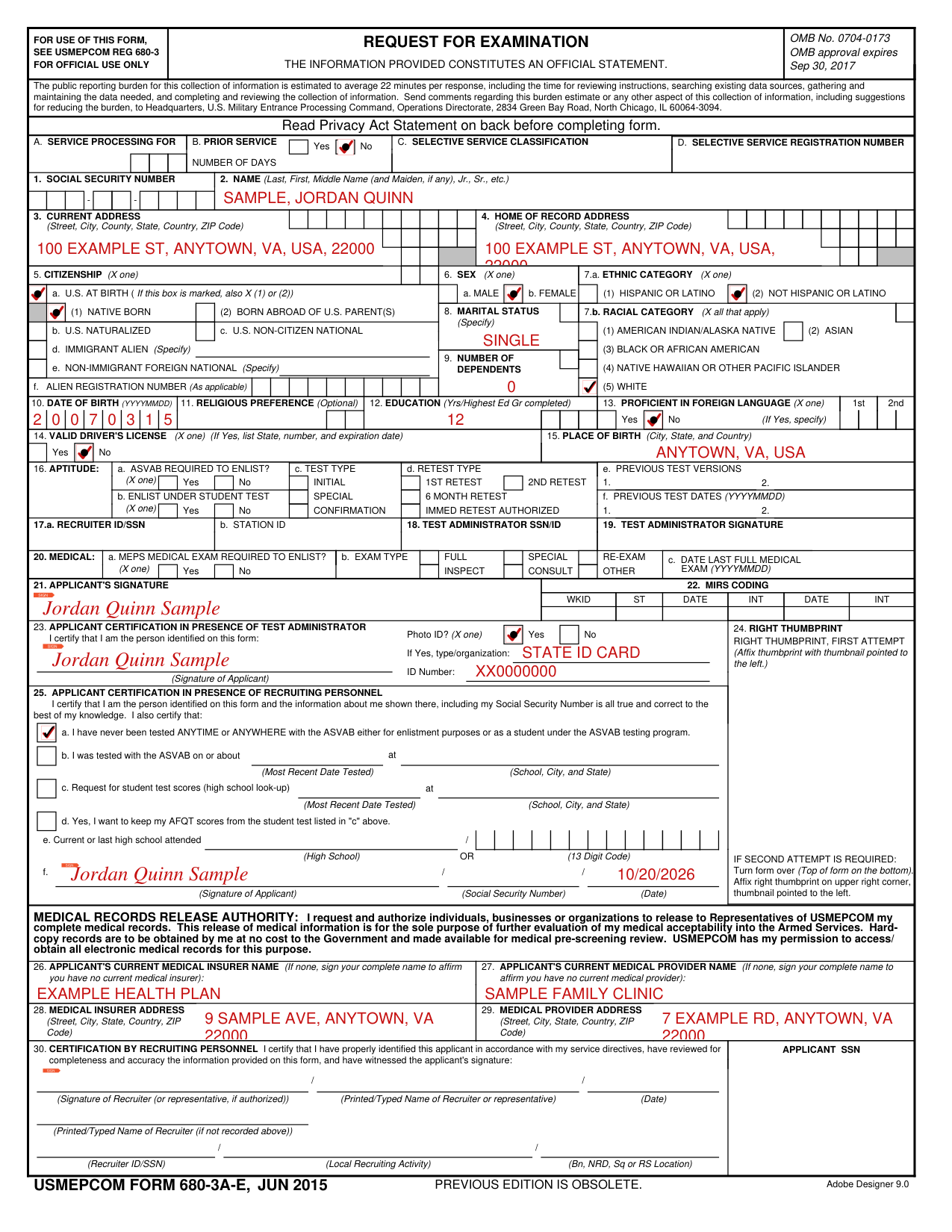 USMEPCOM Form 680-3A-E example filled out, example: an applicant who was never tested with the ASVAB