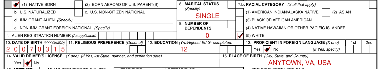 USMEPCOM Form 680-3A-E example filled out, marital status, number of dependents, date of birth and place of birth