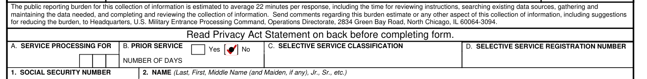 USMEPCOM Form 680-3A-E example filled out, prior service, Selective Service classification and registration number