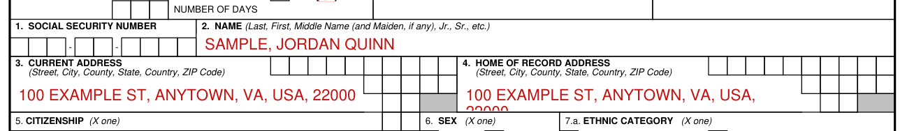 USMEPCOM Form 680-3A-E example filled out, social Security Number, name, current address and home of record address