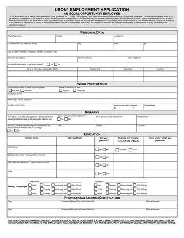 Uson Employment Application Form Preview