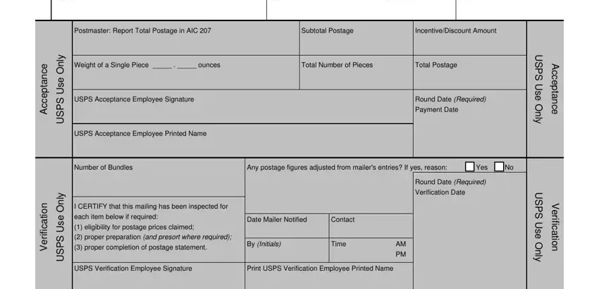 usps eddm indicia Postmaster Report Total Postage in, Subtotal Postage, IncentiveDiscount Amount, Weight of a Single Piece    ounces, Total Number of Pieces, Total Postage, USPS Acceptance Employee Signature, USPS Acceptance Employee Printed, Round Date Required, Payment Date, Number of Bundles, Any postage figures adjusted from, Round Date Required, Verification Date, and I CERTIFY that this mailing has fields to fill