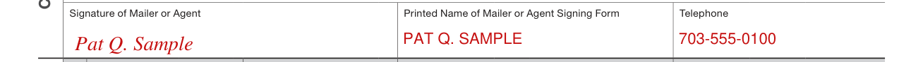 PS Form 3602-NZ example filled out, certification and signature