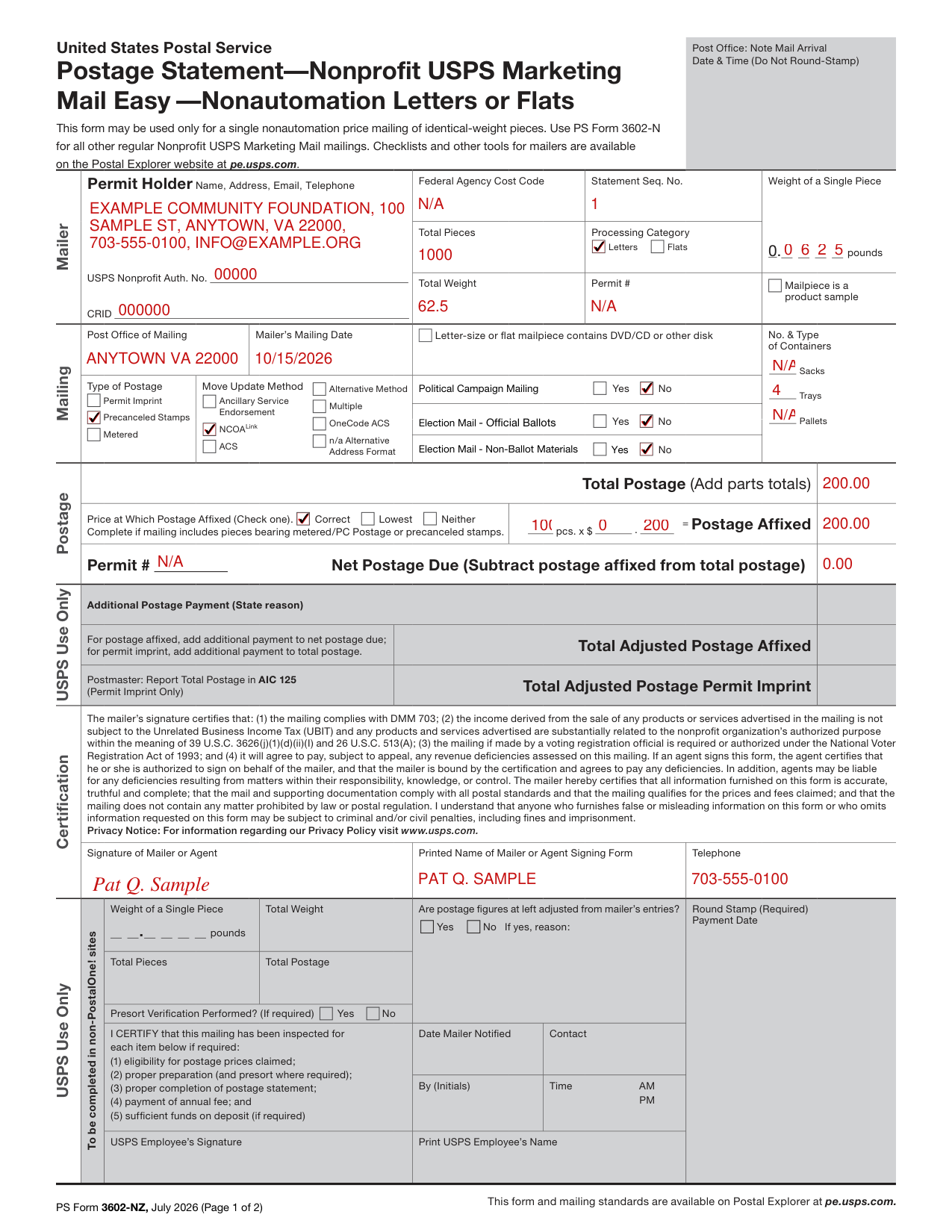 PS Form 3602-NZ example filled out, example: a nonprofit mails 1,000 letters with precanceled stamps