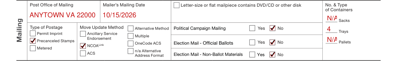 PS Form 3602-NZ example filled out, mailing: office, date, containers, type of postage and move update