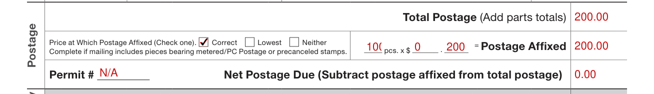 PS Form 3602-NZ example filled out, postage: total, postage affixed and net postage due