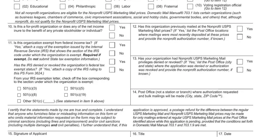 usps ps nonprofit Religious, Scientific, Agricultural, Educational, Philanthropic, Labor, Veterans, Fraternal, Gotoitem, Gotoitem, ccOthercSeestatementinitemabove, Yes, Yes, Yes, and Yes fields to fill out