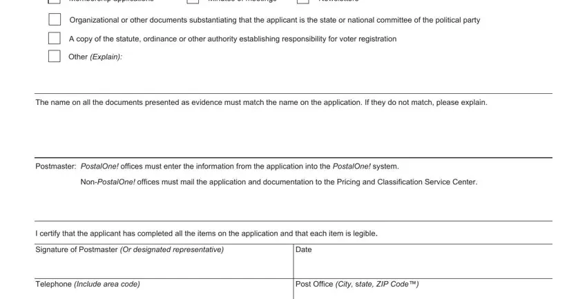 usps ps nonprofit Membershipapplications, Minutesofmeetings, Newsletters, OtherExplain, Date, TelephoneIncludeareacode, and PostOfficeCitystateZIPCode fields to insert