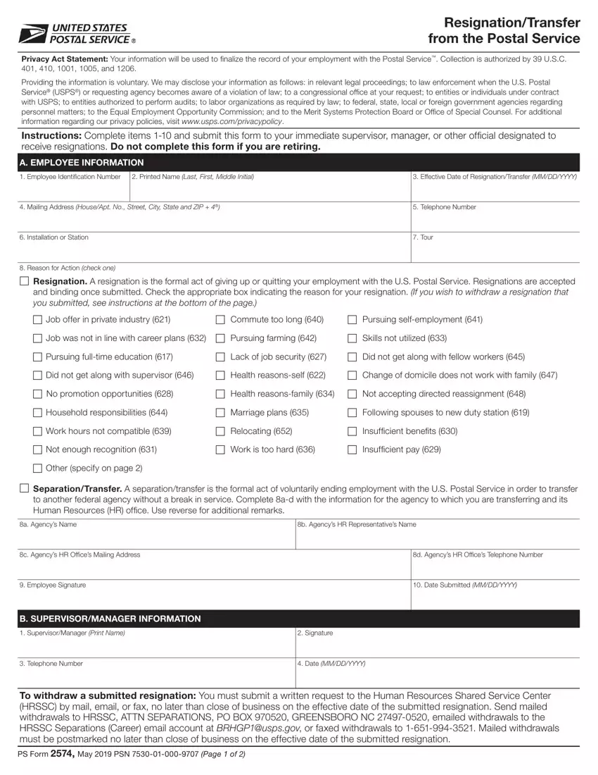 Usps Resignation Form first page preview
