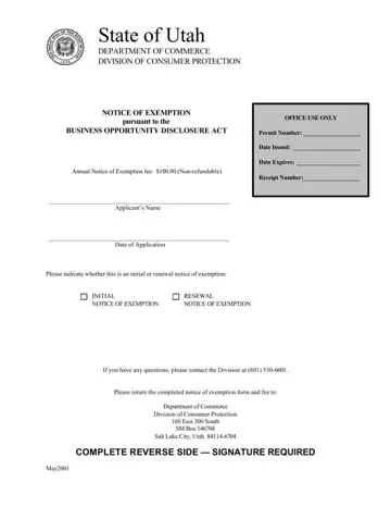 Utah Department Commerce Notice Form Preview
