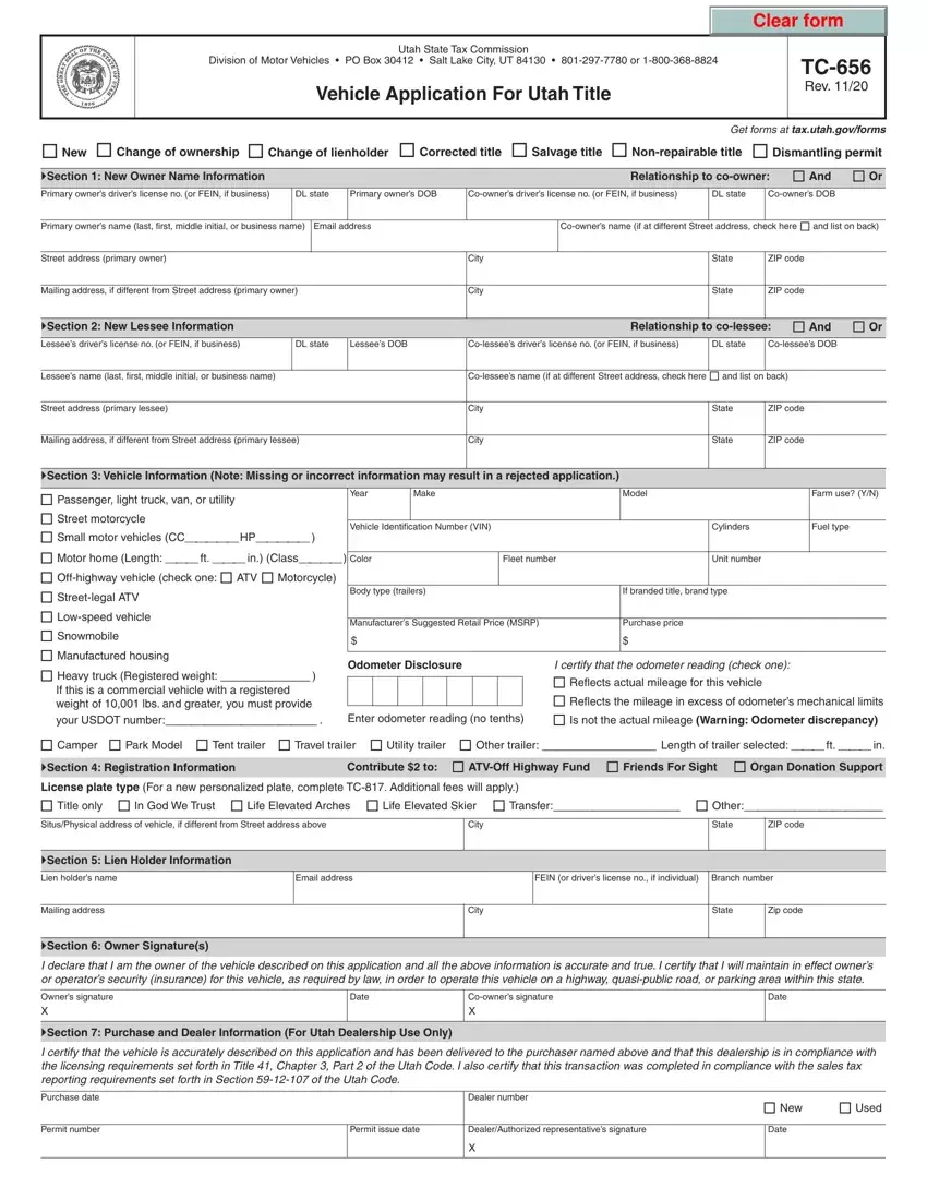 Utah Dmv Tc 656 Form first page preview