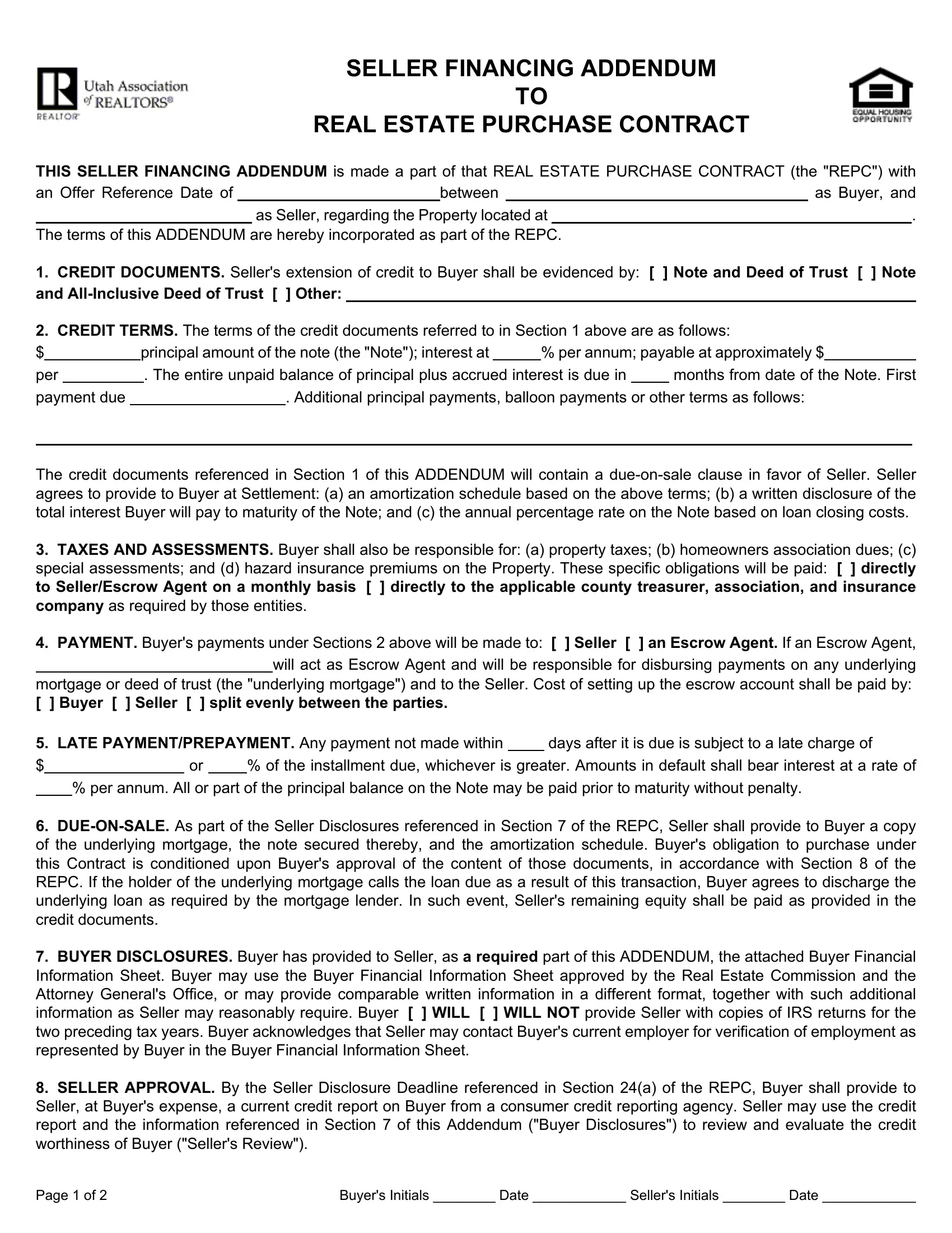 Utah Seller Financing Addendum PDF Form FormsPal