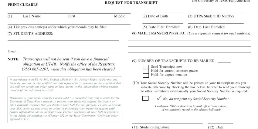 texas american request transcript fields to fill out