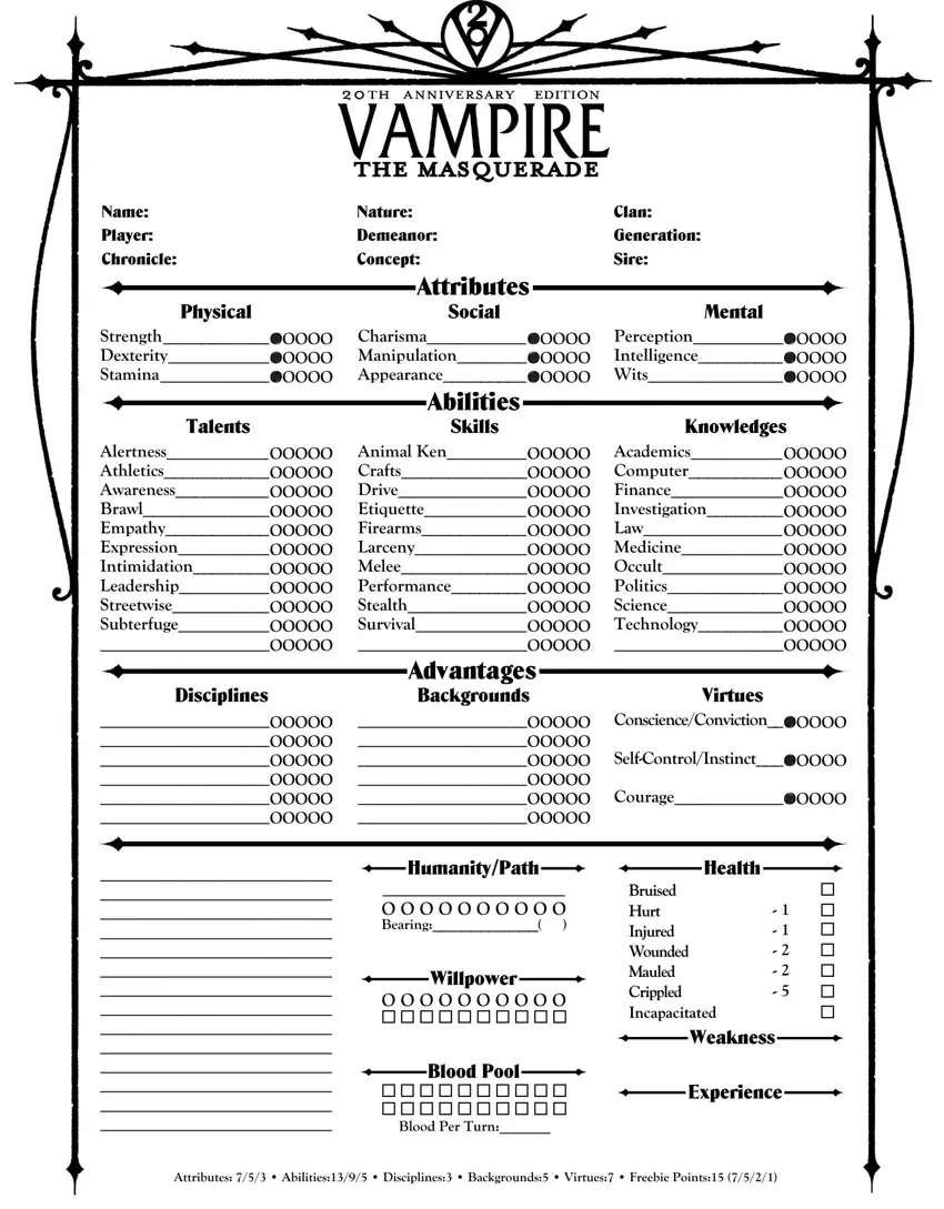 Vampire - The Masquerade - Character Sheet - 4 Page Character