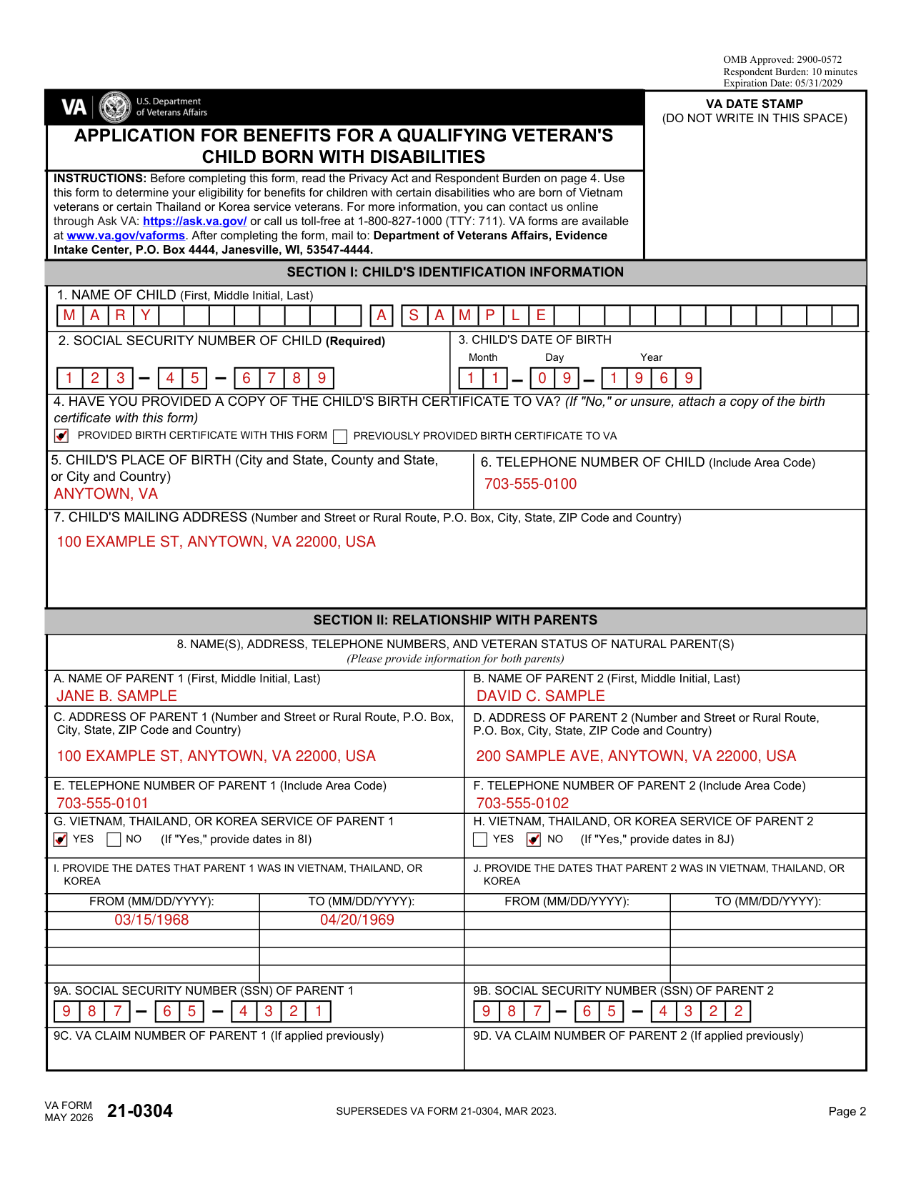 VA Form 21-0304 example filled out, example: an adult child applies for herself