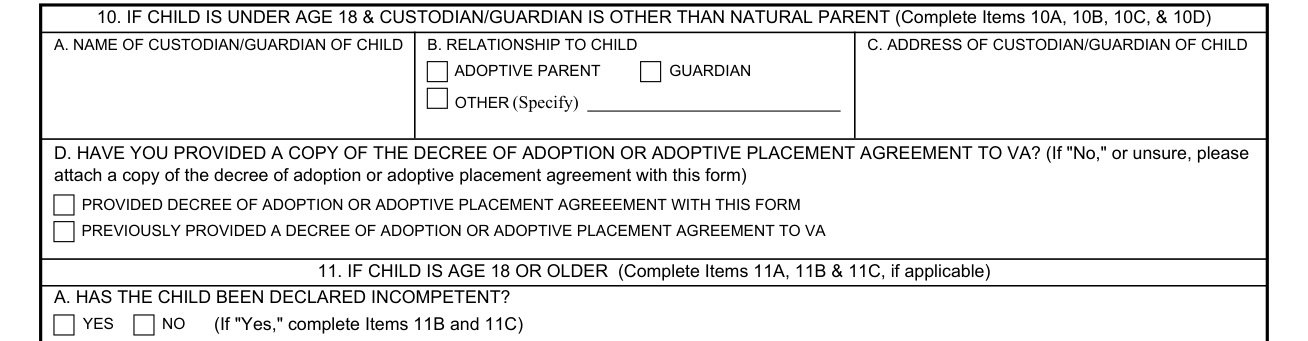 VA Form 21-0304 example filled out, item 10: Custodian/guardian other than natural parent
