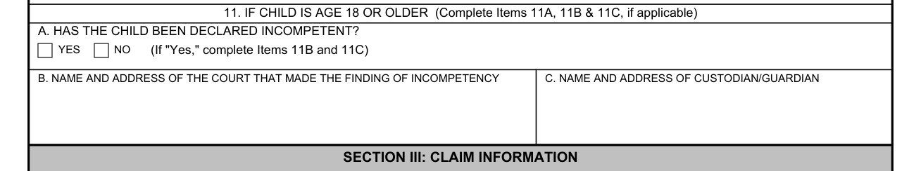 VA Form 21-0304 example filled out, item 11: Child age 18 or older