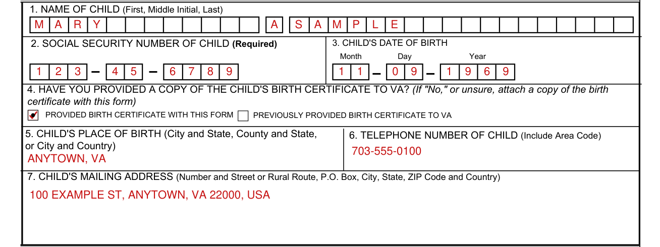 VA Form 21-0304 example filled out, section I: Child's identification information