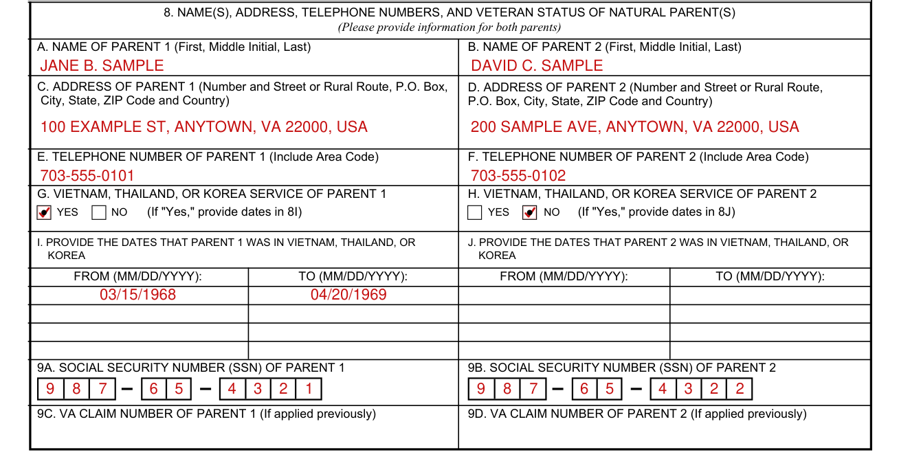 VA Form 21-0304 example filled out, section II: Relationship with parents