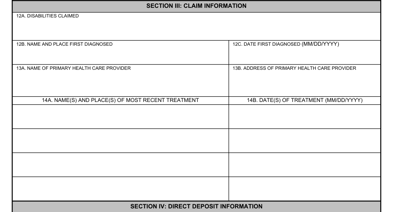 VA Form 21-0304 example filled out, section III: Claim information
