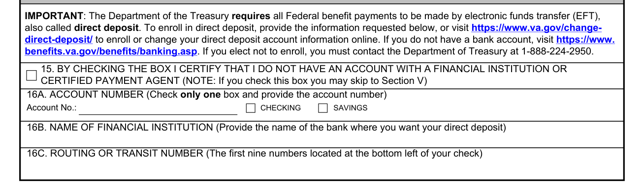 VA Form 21-0304 example filled out, section IV: Direct deposit information