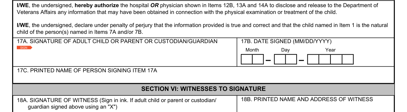 VA Form 21-0304 example filled out, section V: Claim certifications and signatures