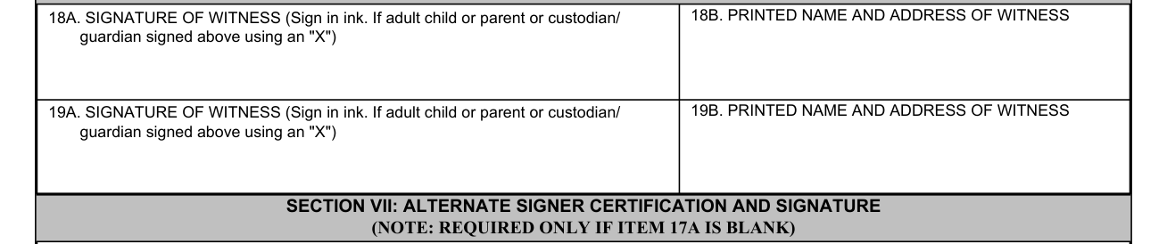 VA Form 21-0304 example filled out, section VI: Witnesses to signature