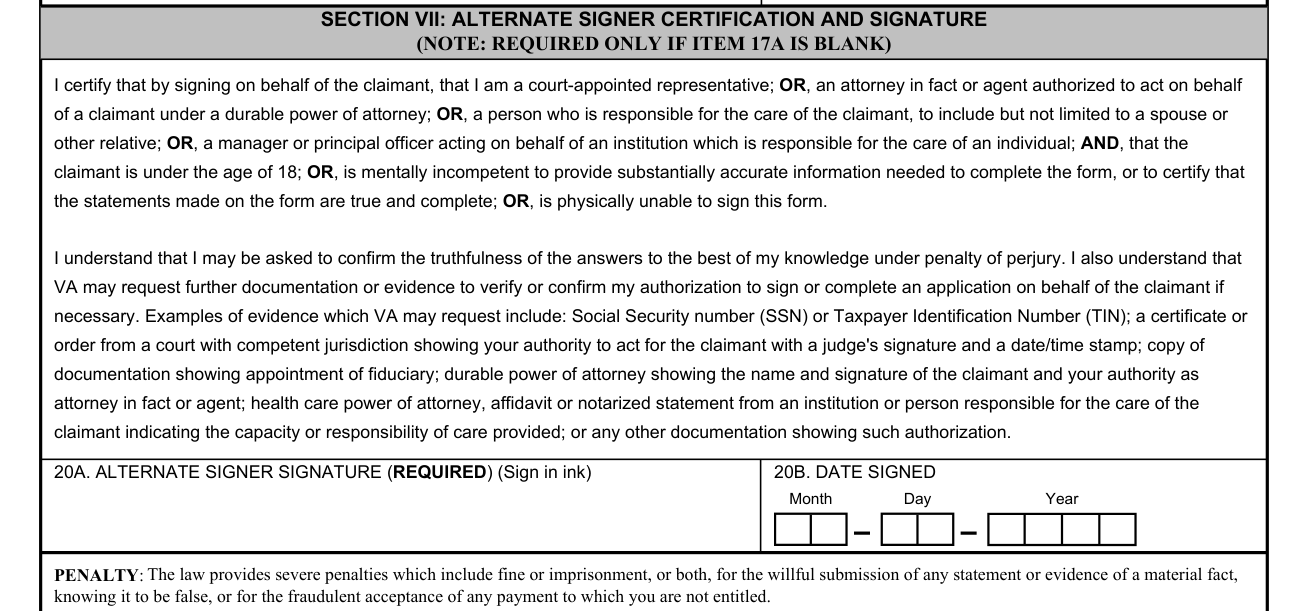 VA Form 21-0304 example filled out, section VII: Alternate signer certification and signature