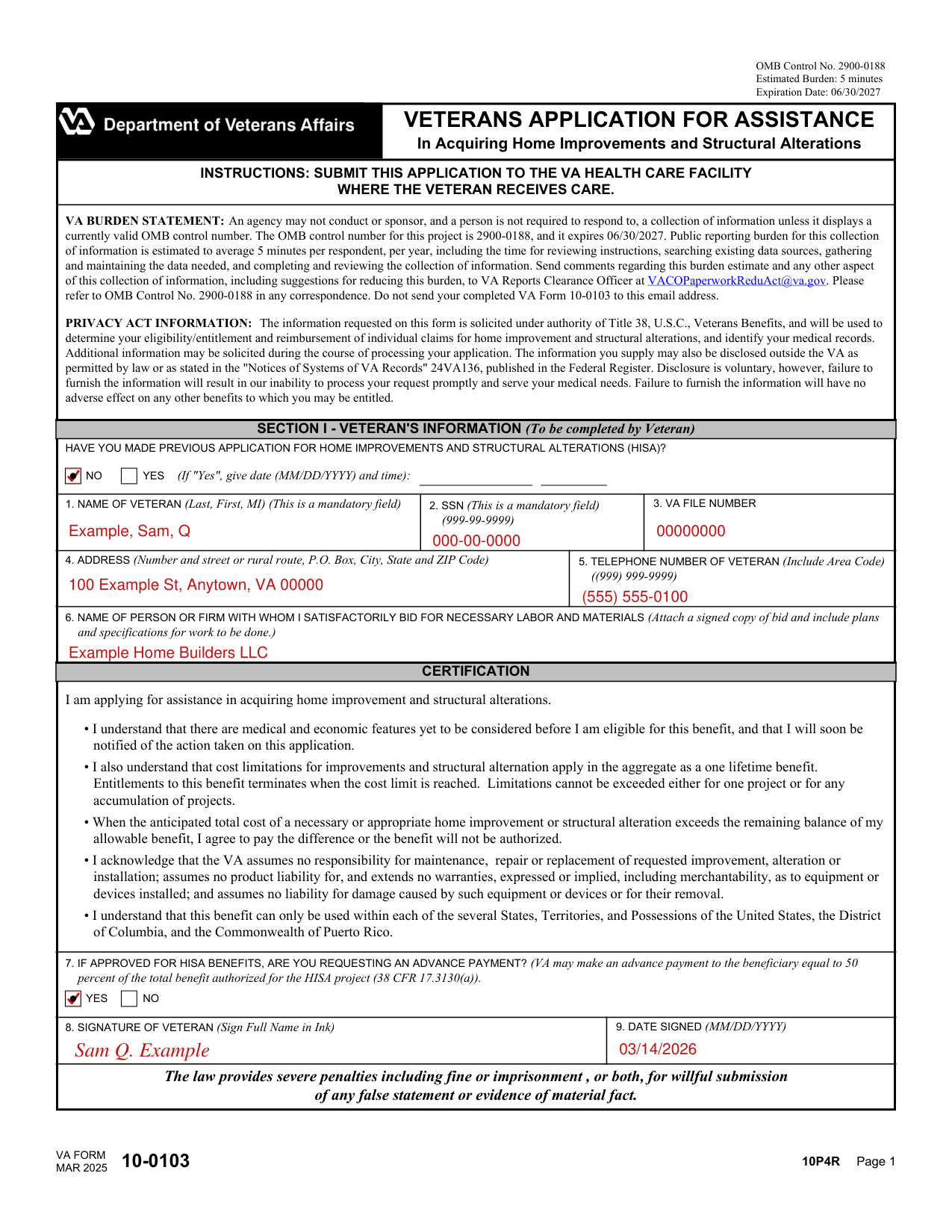 VA Form 10-0103 example filled out, example: a Veteran applies for the first time and asks for an advance payment