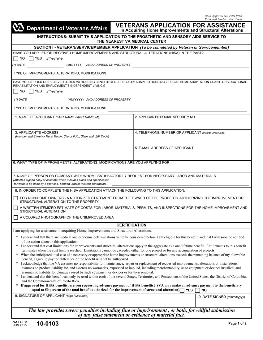 Va Form 10 0103 first page preview